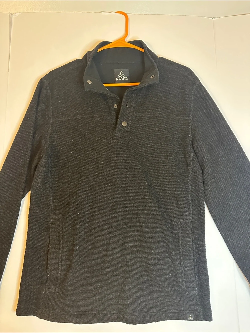 Prana Men's Med Leonidas Snap-Quarter Pullover wool blend black charcoal